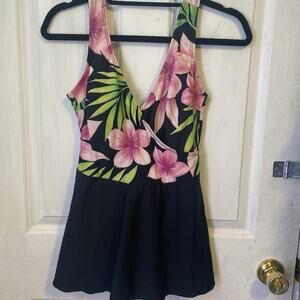 Women’s Shore Shapes Swimsuit Size 10 Black Purple Floral Swim dress One Piece